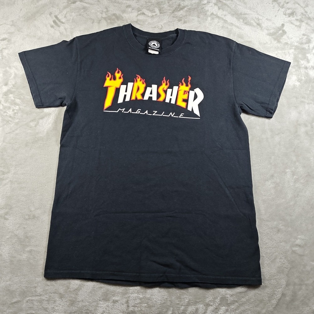 Vintage Thrasher Shirt Mens Medium Black Flame Logo Skateboarding Y2K